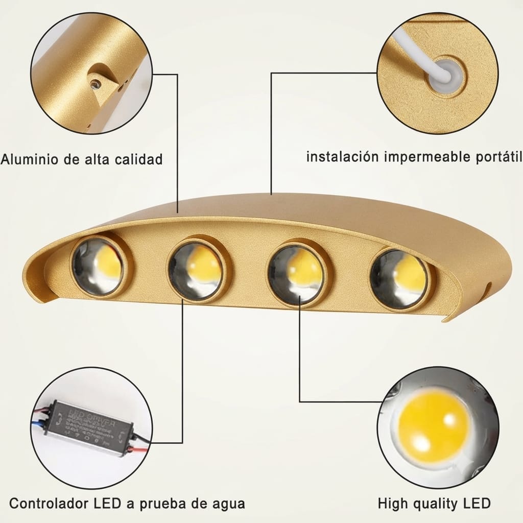 Golden Rectangular 4 Up & 4 Down Outdoor Wall Lamp