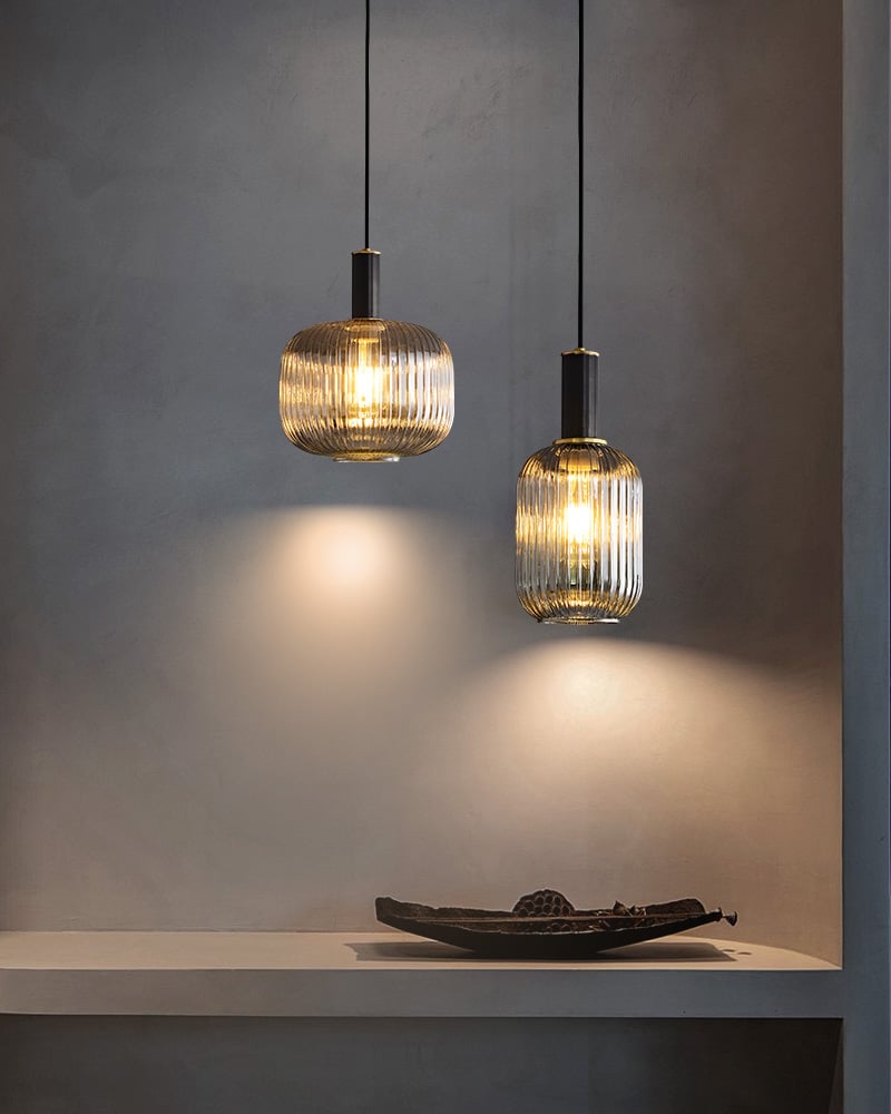 Modern Duo Pumpkin Shaped Stripped Glass Hanging Light