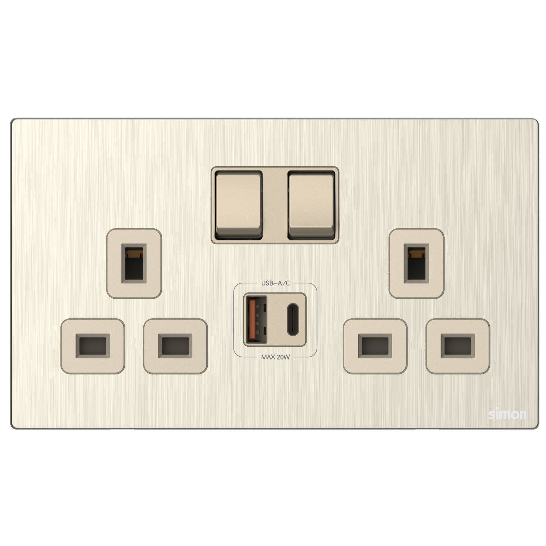 Simon 2G BS Switched Socket with USB A+C Chargers M7-Metal Series