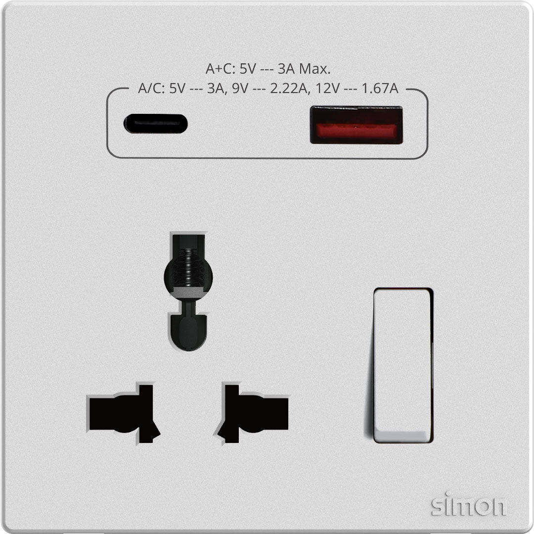 Simon Multi Socket Switched with USB A+C Chargers - White