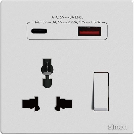 Simon Multi Socket Switched with USB A+C Chargers - White