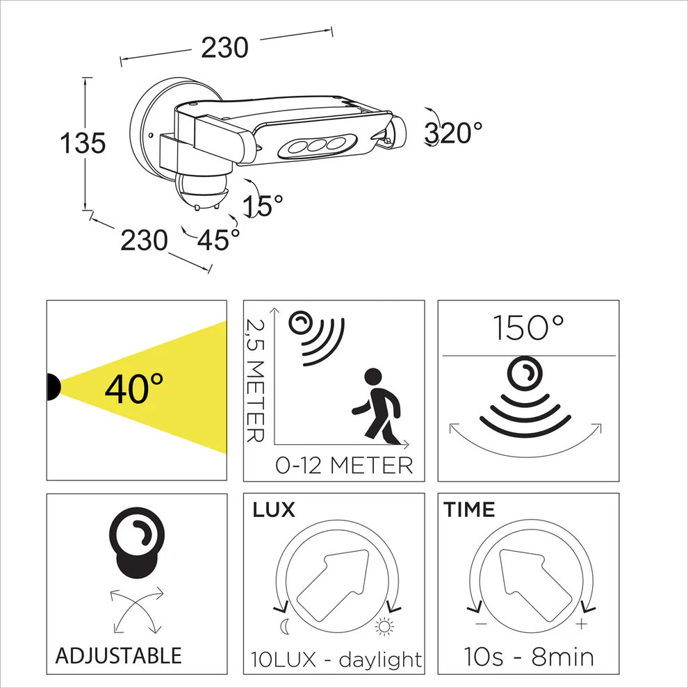 MINI LEDSPOT Outdoor Wall Light with motion sensor (6144s-1-PIR)