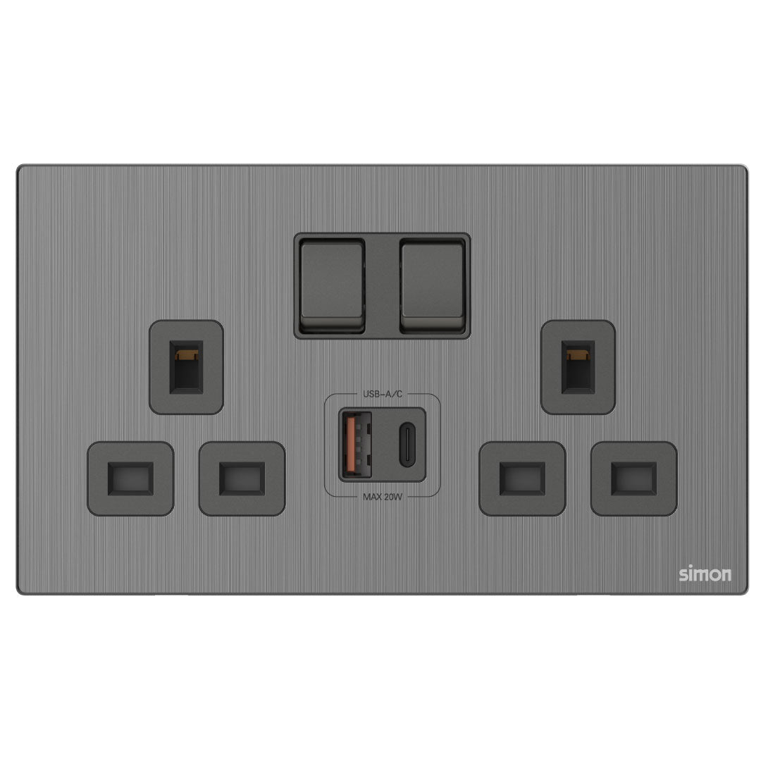 Simon 2G BS Switched Socket with USB A+C Chargers M7-Metal