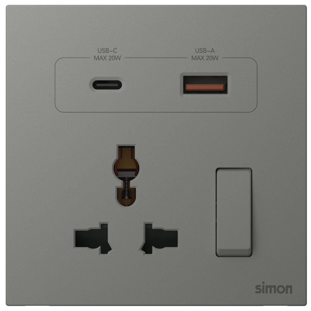 Simon Multi Socket Switched with USB A+C Chargers M7-Grey