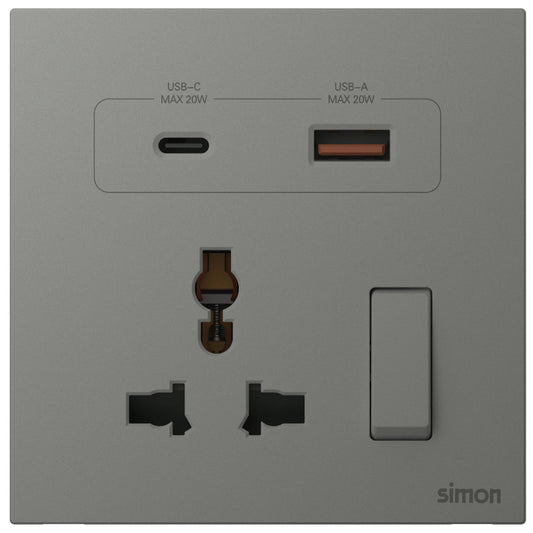 Simon Multi Socket Switched with USB A+C Chargers M7-Grey