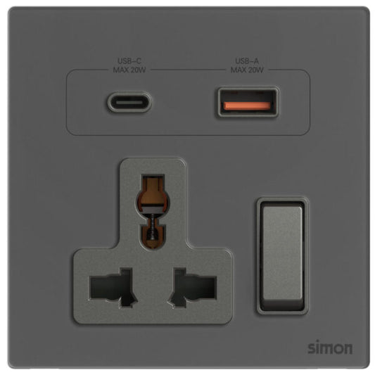 Simon Multi Socket Switched with USB A+C Chargers M7-Gem