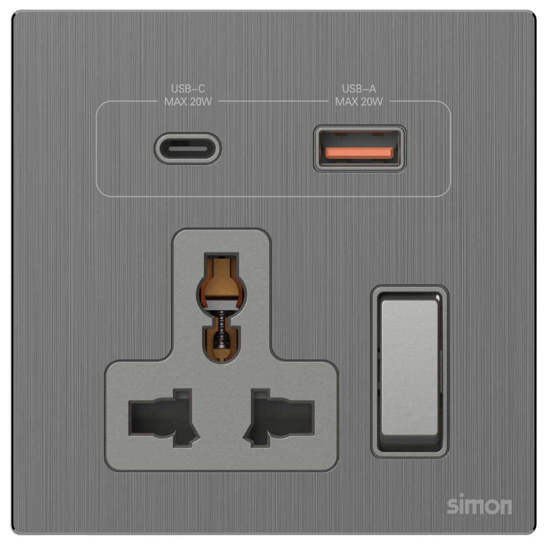 Simon Multi Socket Switched with USB A+C Chargers M7-Metal