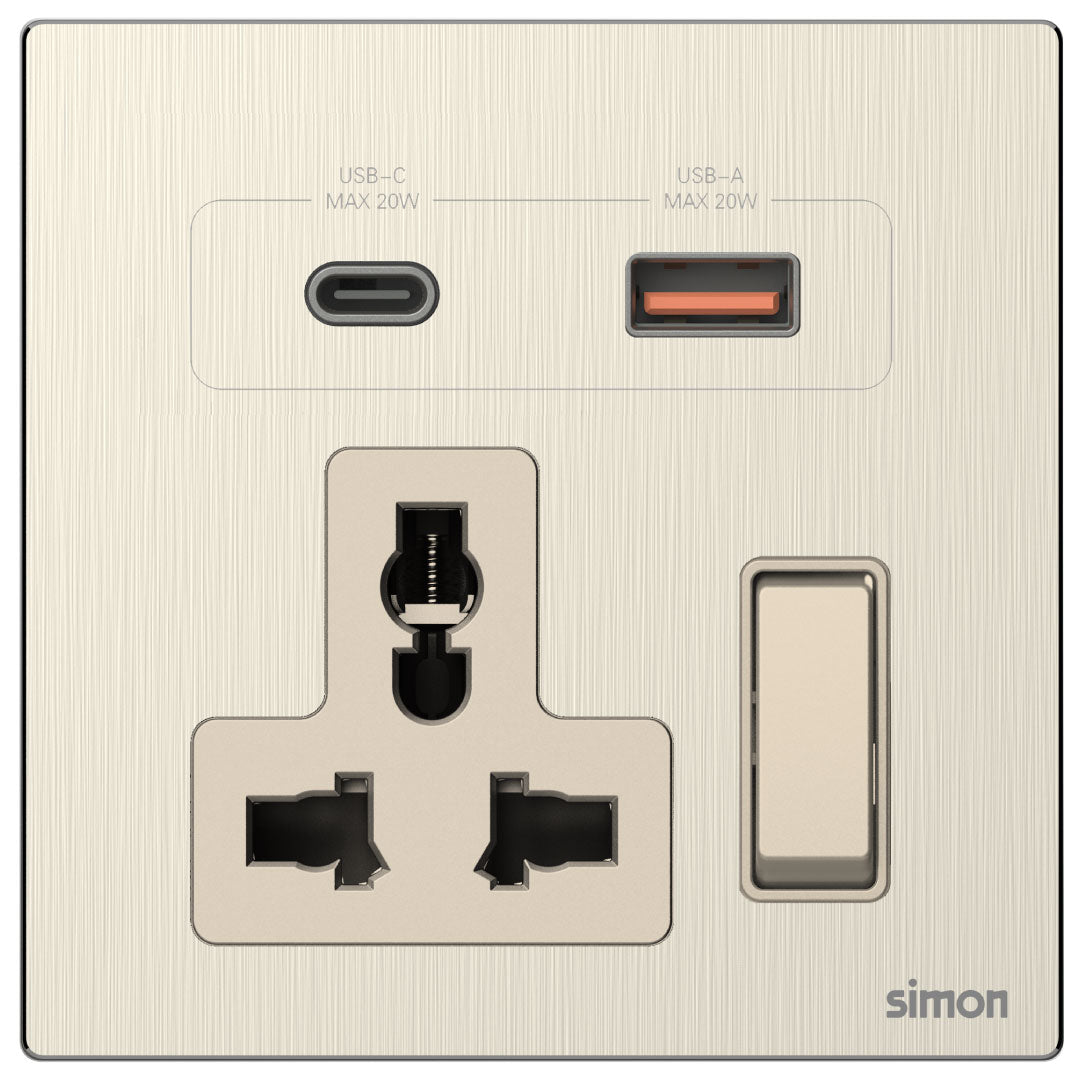 Simon Multi Socket Switched with USB A+C Chargers M7-Metal Series