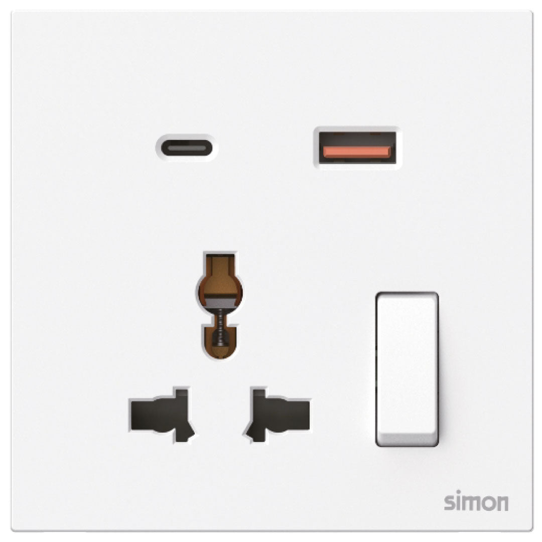 Simon Multi Socket Switched with USB A+C Chargers M7-White