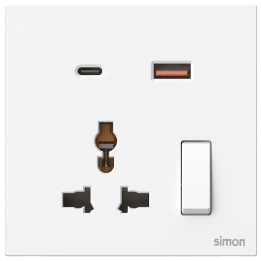 Simon Multi Socket Switched with USB A+C Chargers M7-White