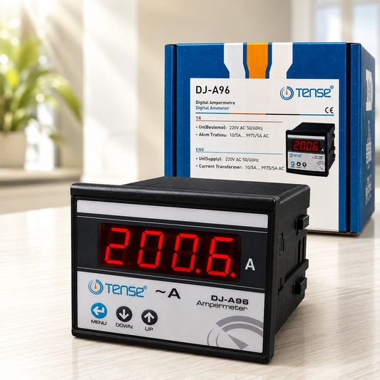 A Tense DJ-A96 digital ammeter with a red LED display showing 200.6 A, placed in front of its blue and white product packaging box on a light wooden surface.