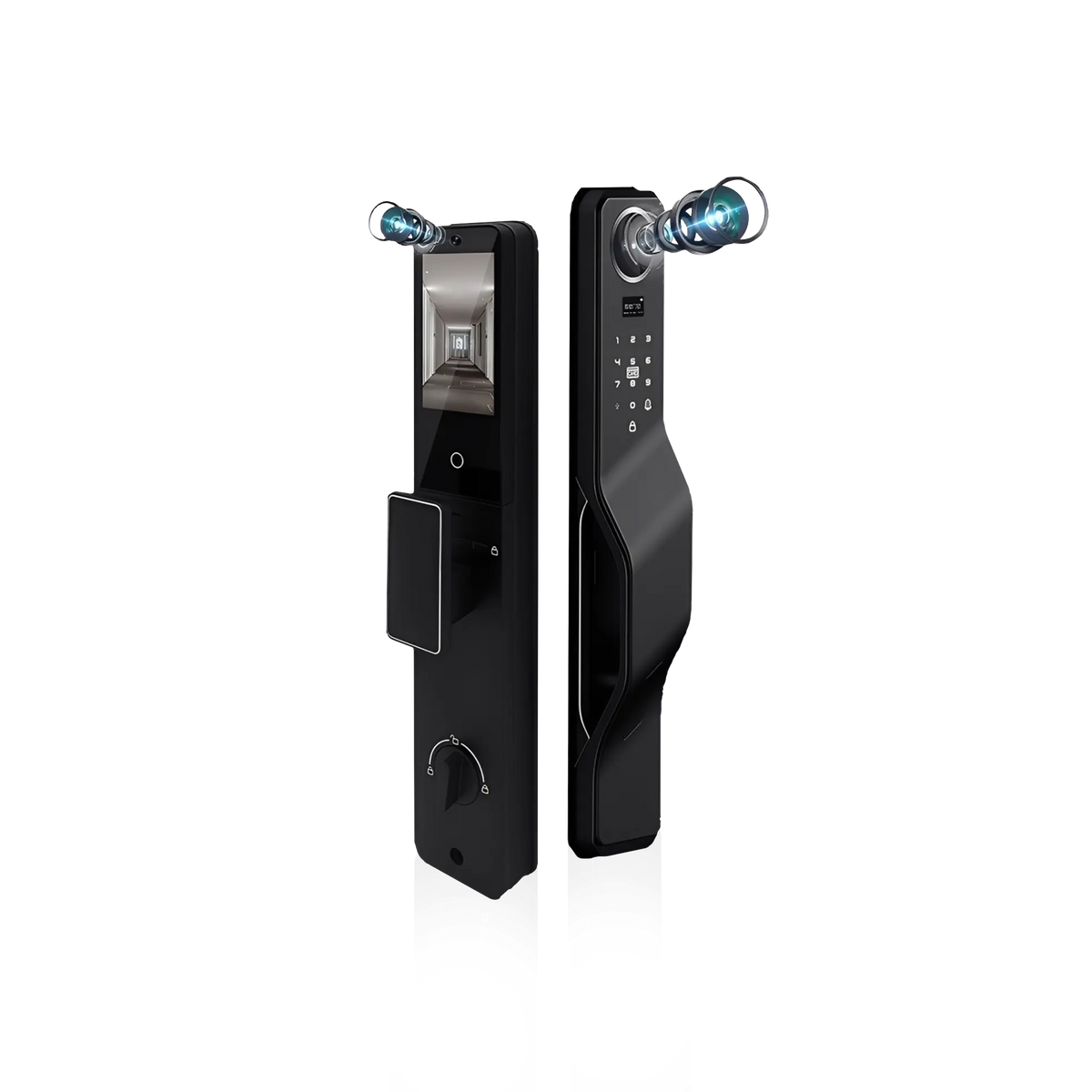Black electronic door lock with digital display on a white background