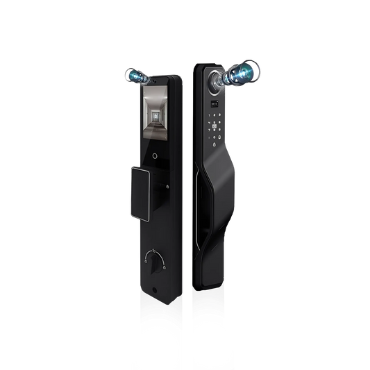Black electronic door lock with digital display on a white background