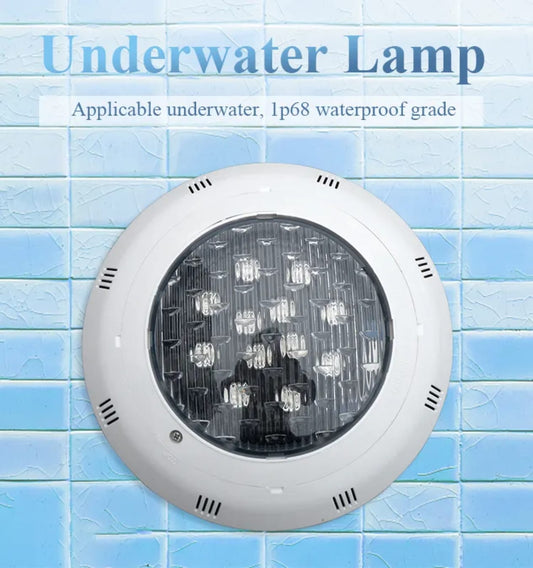 A white circular underwater LED lamp with a clear lens, shown against a light blue tiled background with text reading 'Underwater Lamp' and 'Applicable underwater, 1p68 waterproof grade'.