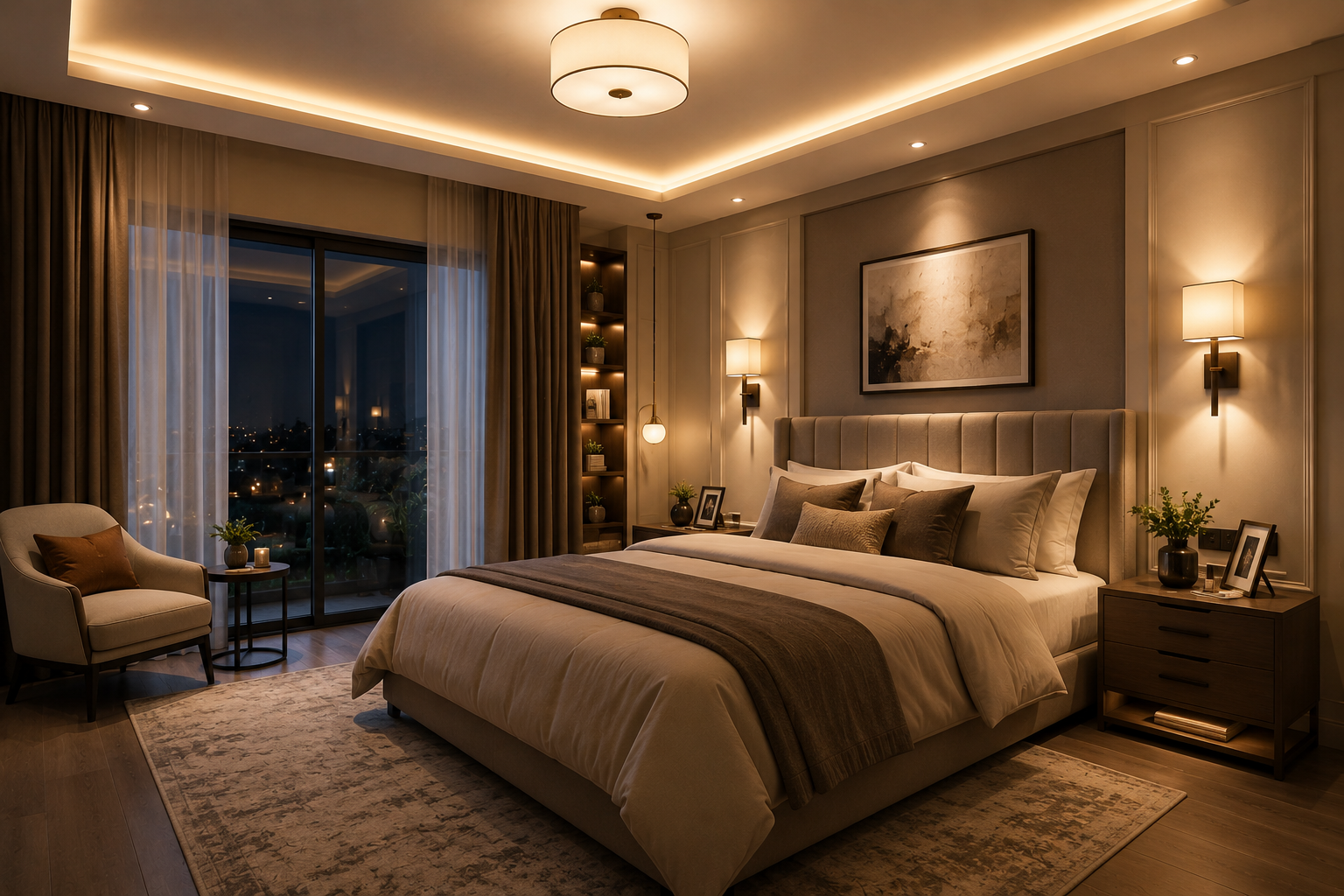 A modern, luxurious bedroom featuring a large bed with beige and brown bedding, a tufted headboard, warm ambient lighting from ceiling fixtures and bedside lamps, a matching armchair, and a large window overlooking a city skyline at night.