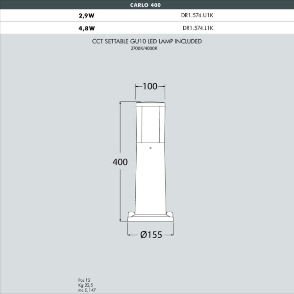 CARLO 400 Modern Bollard  (Made in Italy)