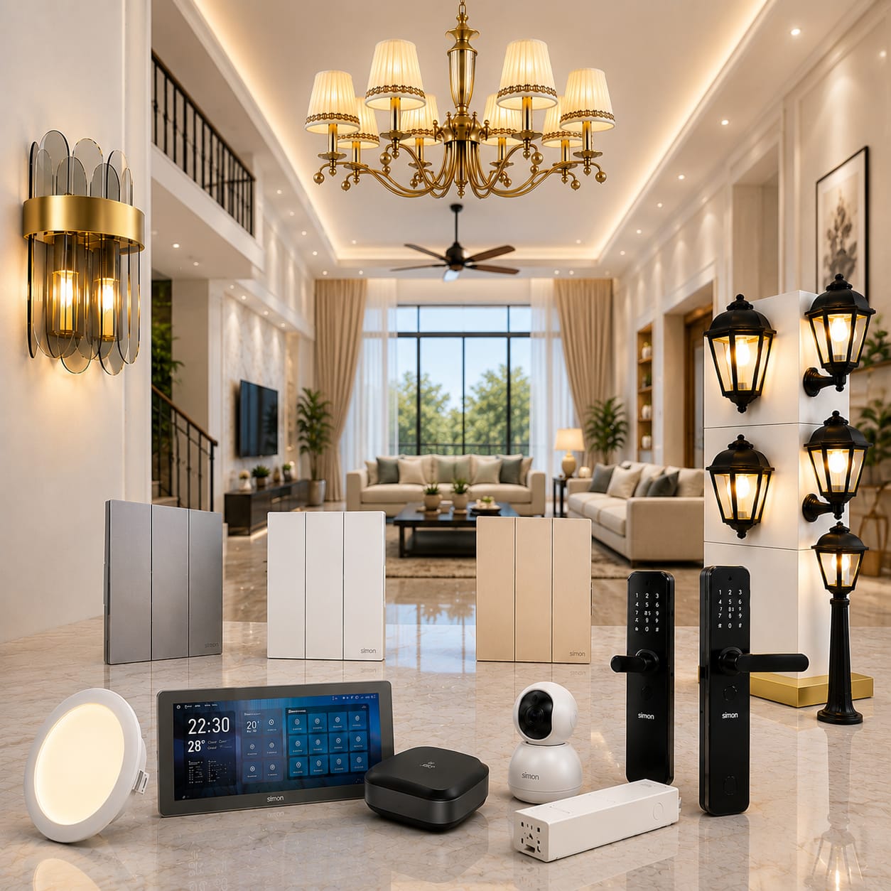 A collection of modern smart home and security devices displayed on a polished marble floor in a luxurious, high-ceilinged living room. The products include smart locks, a digital control panel, a security camera, a smart light, and various wall-mounted lantern-style sconces.