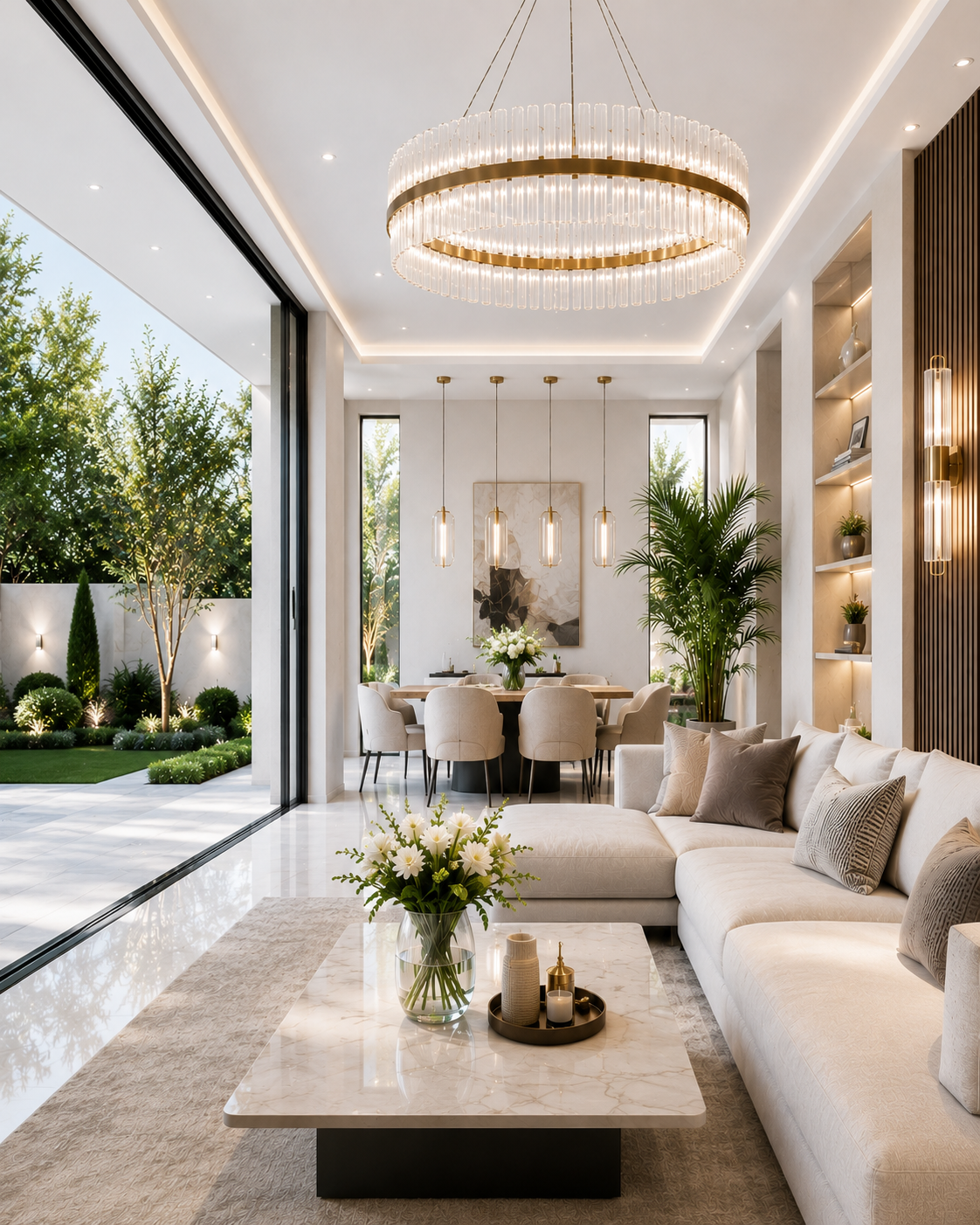 A luxury modern living room featuring a large white sectional sofa, a white marble coffee table, a gold and crystal chandelier, and a dining area in the background with a garden patio visible through floor-to-ceiling windows.