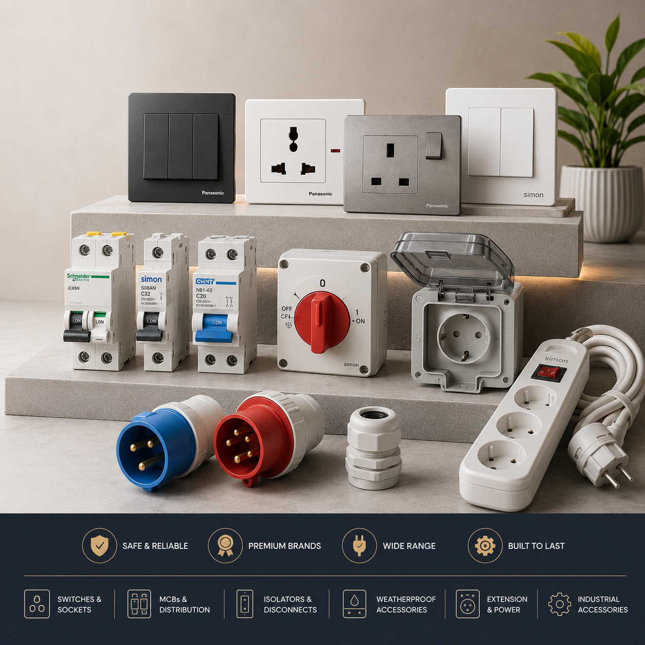 A collection of electrical sockets, switches, and distribution components displayed on and around a concrete pedestal, with a dark blue informational banner at the bottom highlighting features and brands.