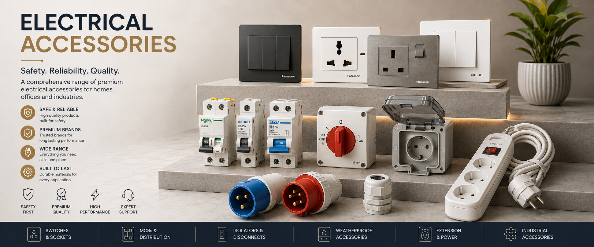 A wide product display of electrical accessories including wall outlets, sockets, switches, circuit breakers, plugs, and a power strip, arranged on a shelf with marketing text on the left and a dark feature banner at the bottom.