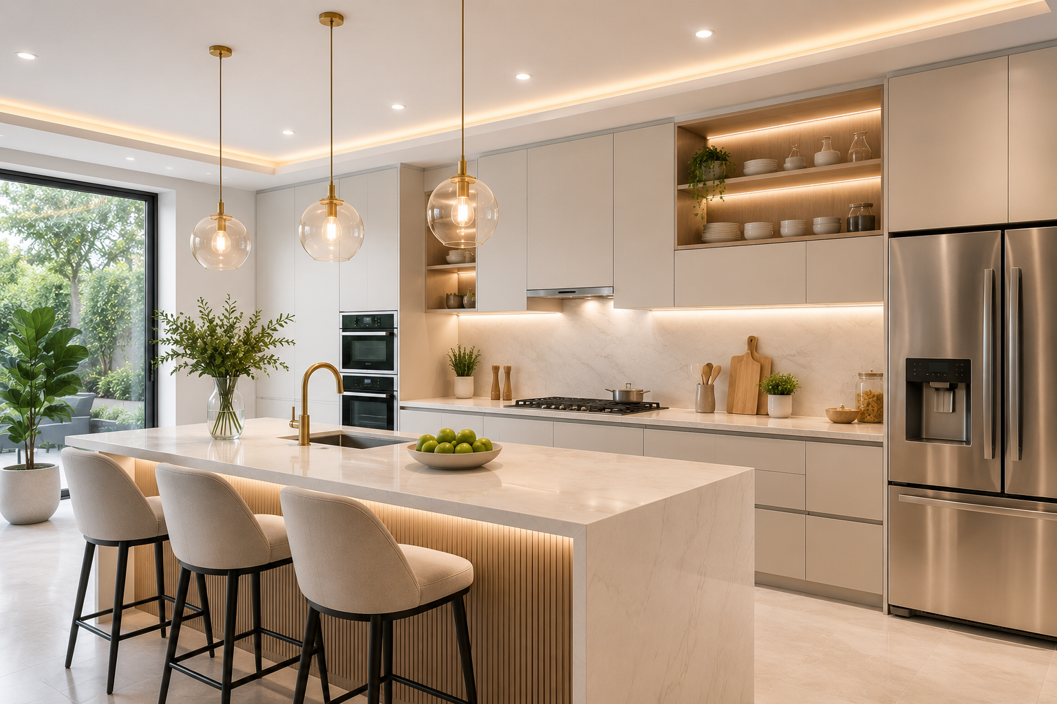 A modern kitchen interior with light beige cabinetry, a white marble island, three bar stools, stainless steel appliances, pendant glass globes, and warm under-cabinet lighting.