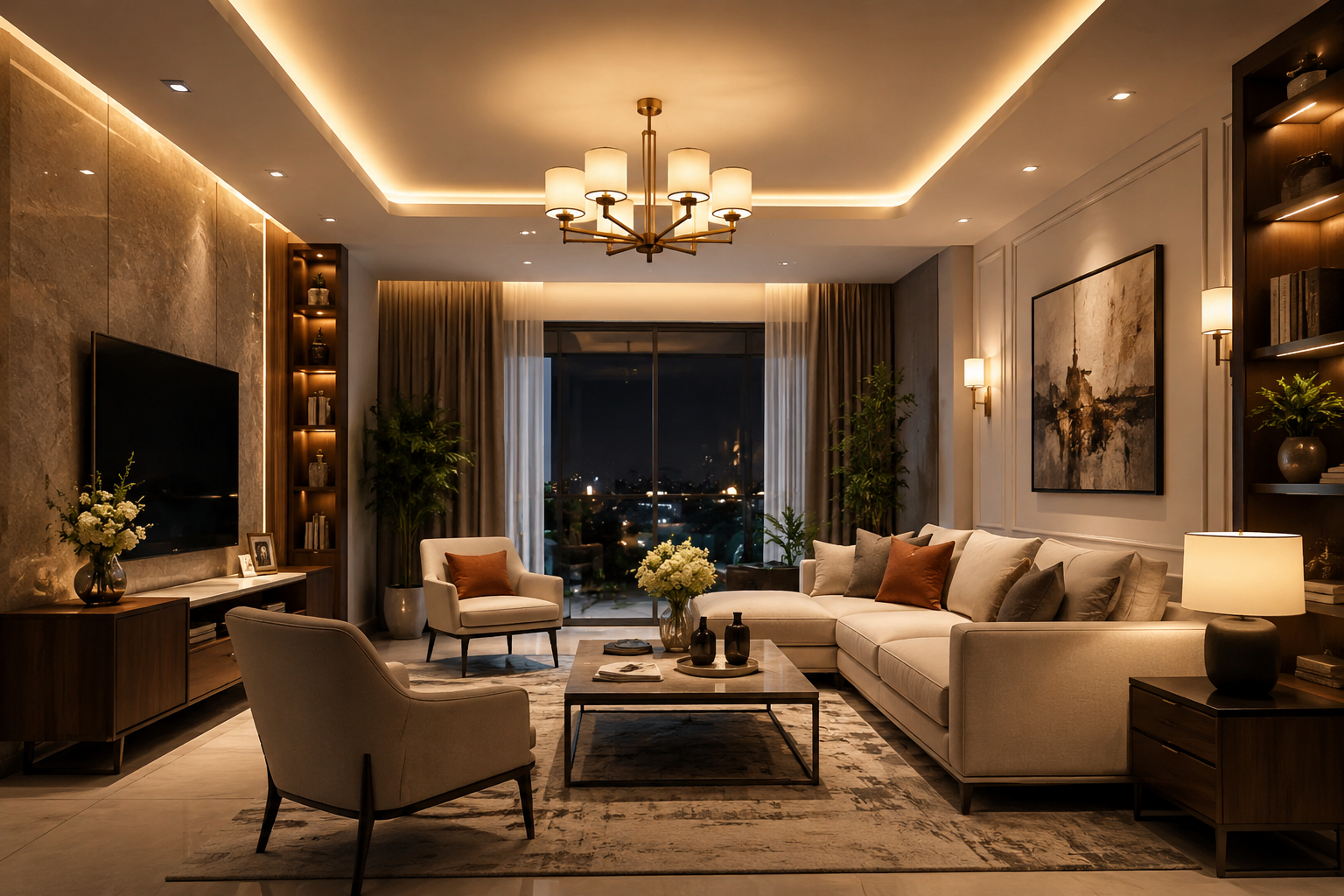 A modern, luxurious living room featuring a large beige sectional sofa, matching armchair, dark wood media console, warm LED ceiling lighting, and a large window looking out onto a night city skyline.