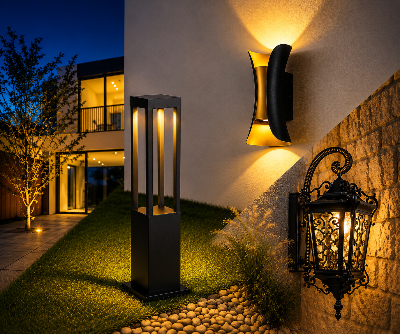 Modern outdoor lighting set on a house exterior at dusk, featuring a tall rectangular black bollard light, a curved black-and-gold wall sconce, and an ornate black lantern mounted on a stone wall.
