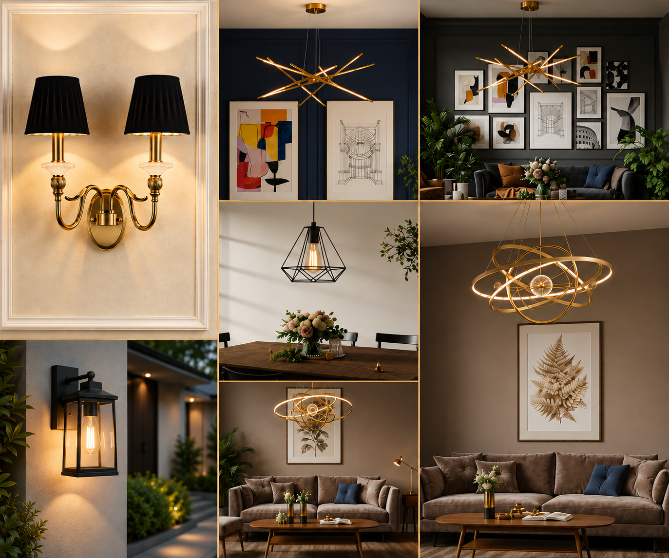 A 3x3 collage showing multiple interior design scenes featuring modern wall sconces, pendant lights, and chandeliers in warm brass and black finishes, styled in living rooms, dining spaces, and outdoor walls.