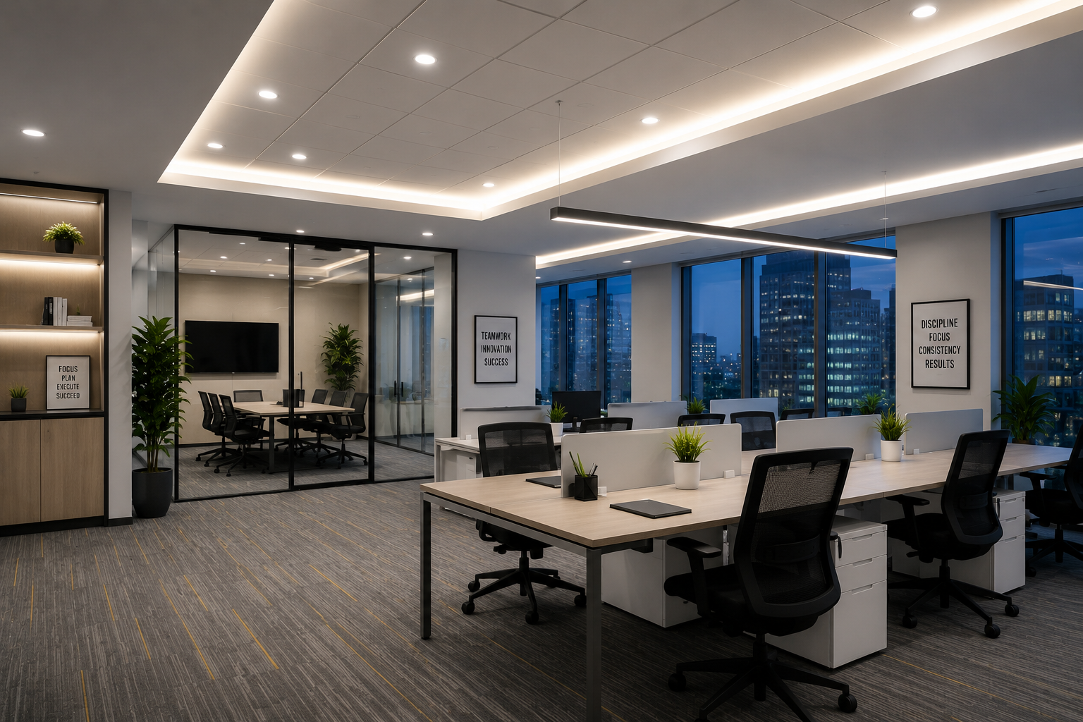 A modern open-plan office interior with desks, black office chairs, glass walls, and large windows overlooking a city skyline at dusk.