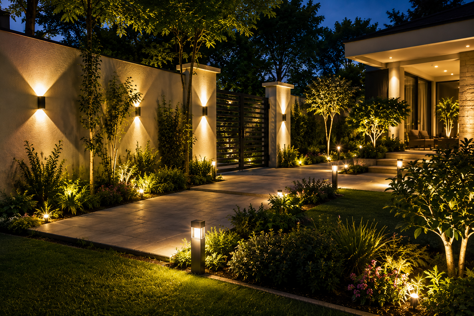 Modern outdoor landscape lighting at dusk, featuring warm wall and pathway lights illuminating a landscaped garden, plants, trees, and a house entrance.