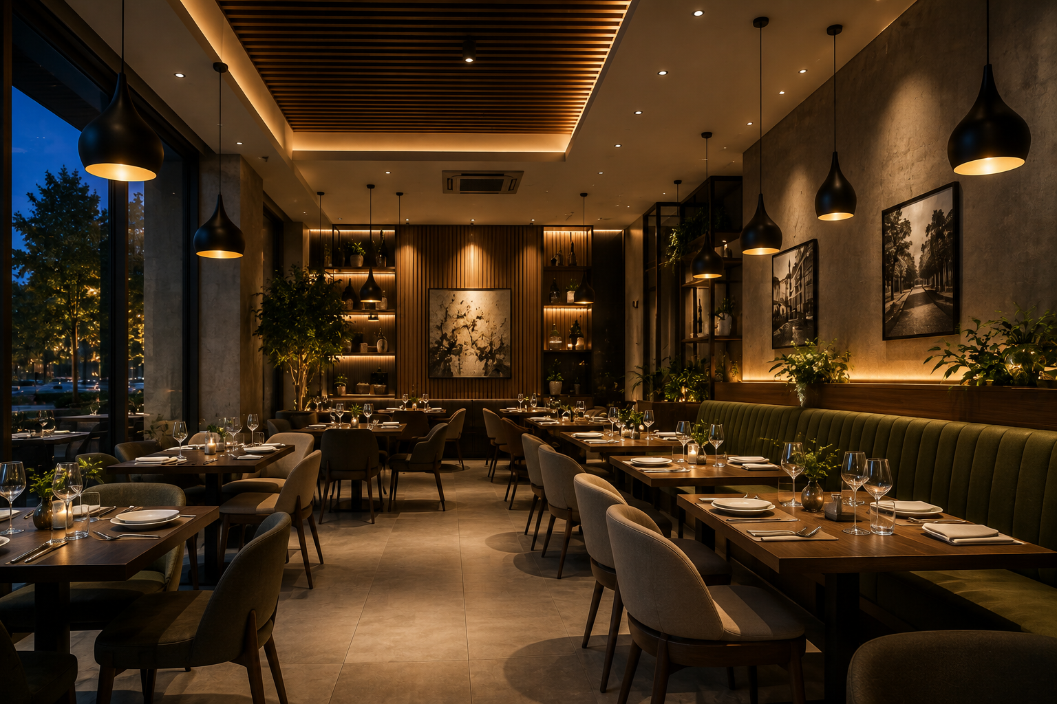 A modern restaurant interior with rows of dining tables, upholstered chairs, pendant lights, green booth seating, framed wall art, and warm ambient lighting.