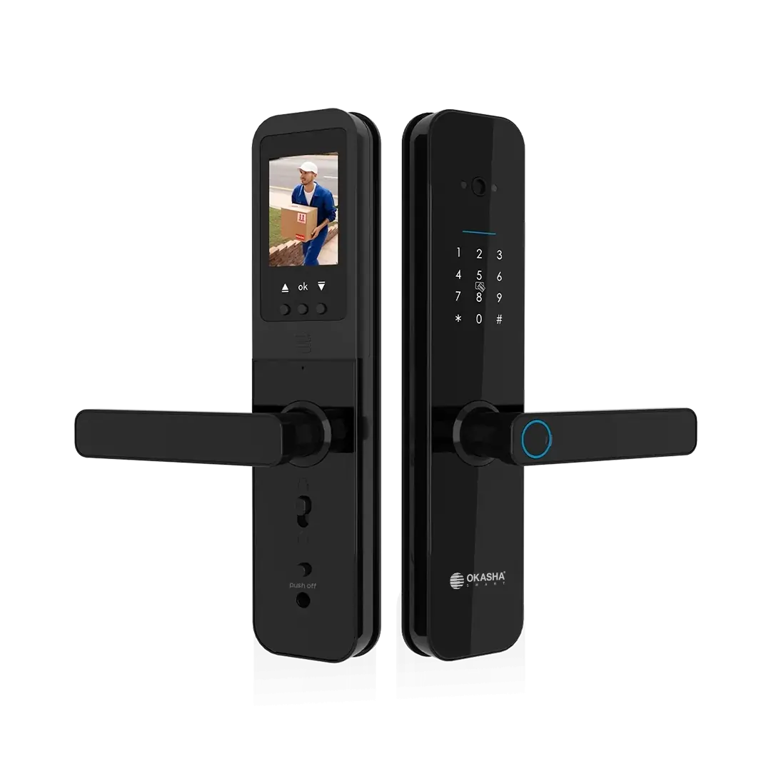 Black digital door lock with a display screen on a white background