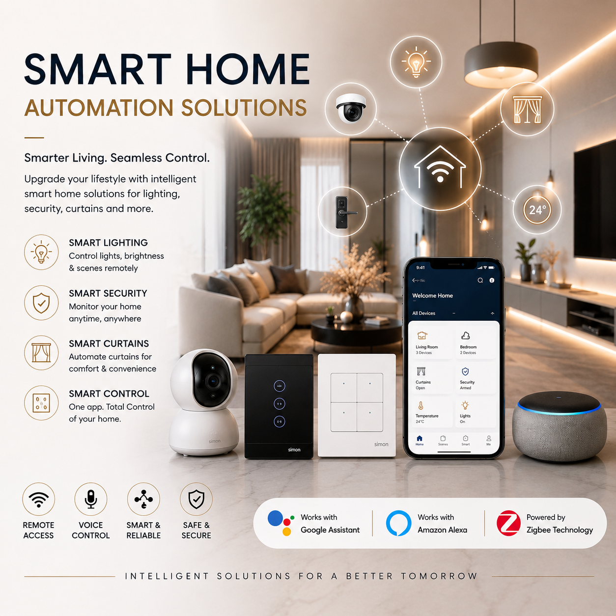 Promotional graphic for smart home automation solutions, showing a smartphone app interface, a smart speaker, a smart light bulb, and a smart round speaker on a tabletop in a modern living room setting. Text highlights features like smart lighting, security, curtains, and control, with compatibility badges for Google Assistant, Amazon Alexa, and Zigbee Technology.