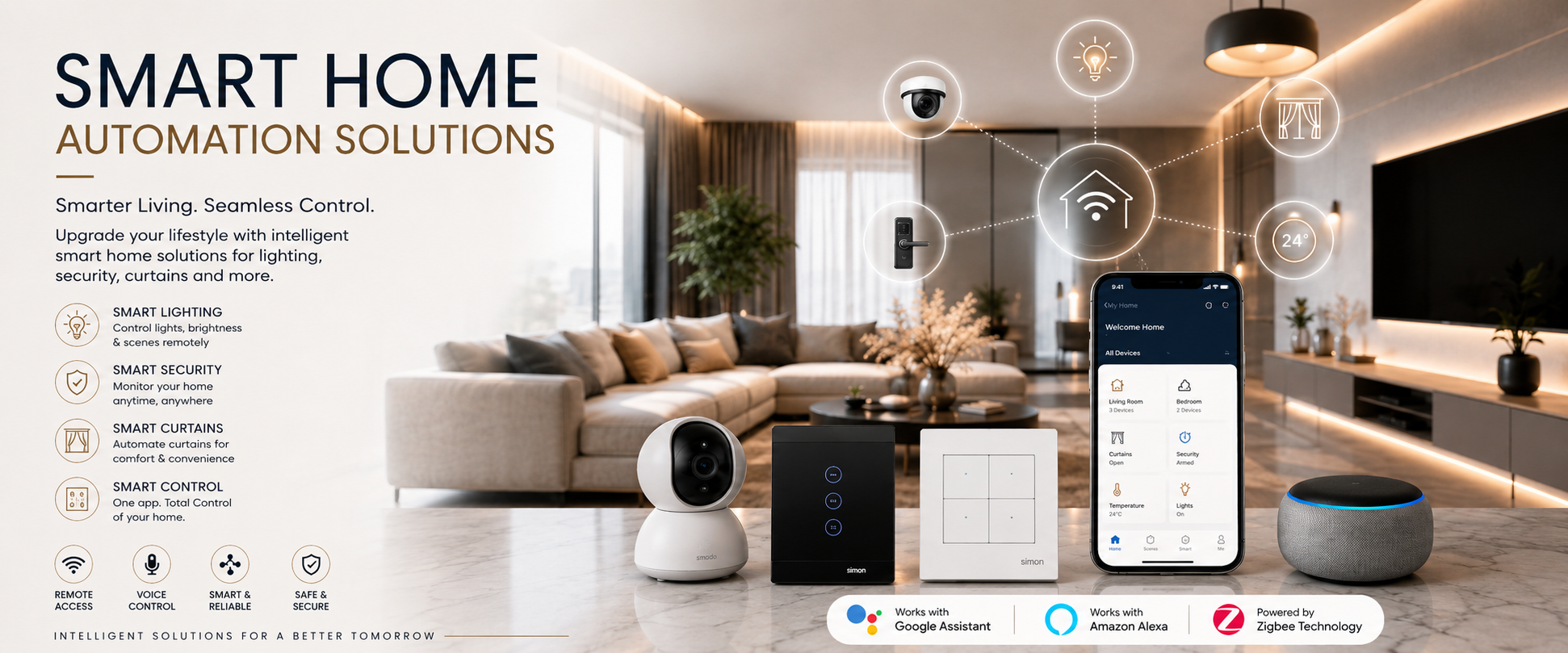 Promotional graphic for a smart home automation solutions bundle, featuring a smartphone displaying a home control app, a white security camera, a black smart bulb, a white smart switch, and a small round speaker, set against a modern living room background with floating connectivity icons.