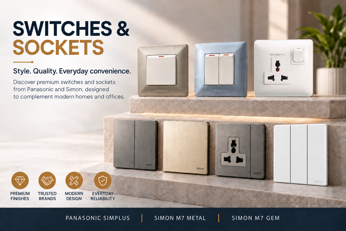 A promotional display of Panasonic and Simon switches and sockets in multiple finishes, arranged on stone steps with marketing text and icons about premium finishes, trusted brands, modern design, and everyday reliability.